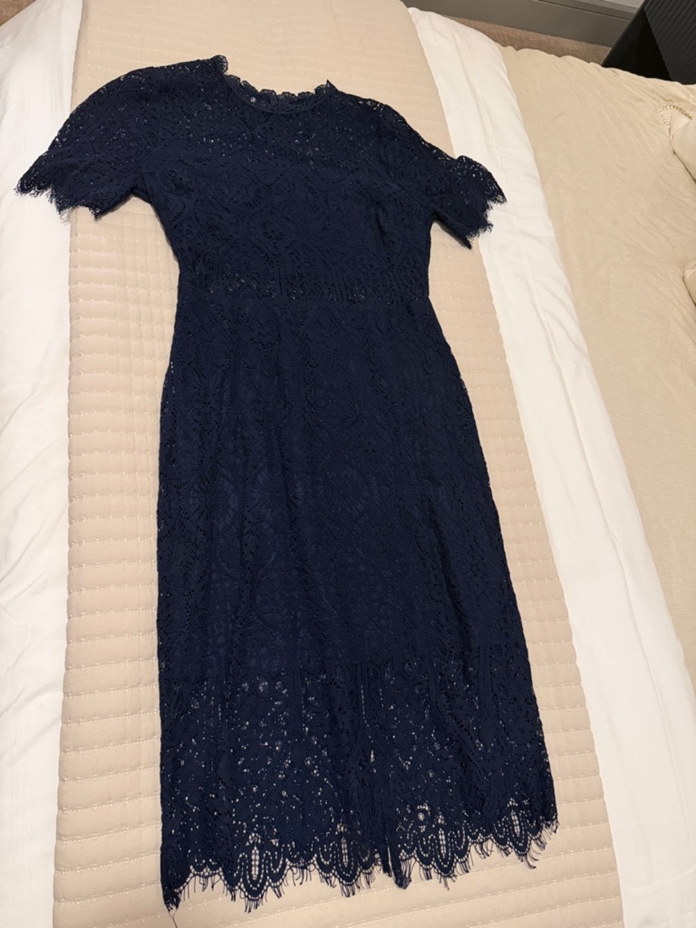 Lulu's Navy Lace Midi Dress with Scalloped Hem